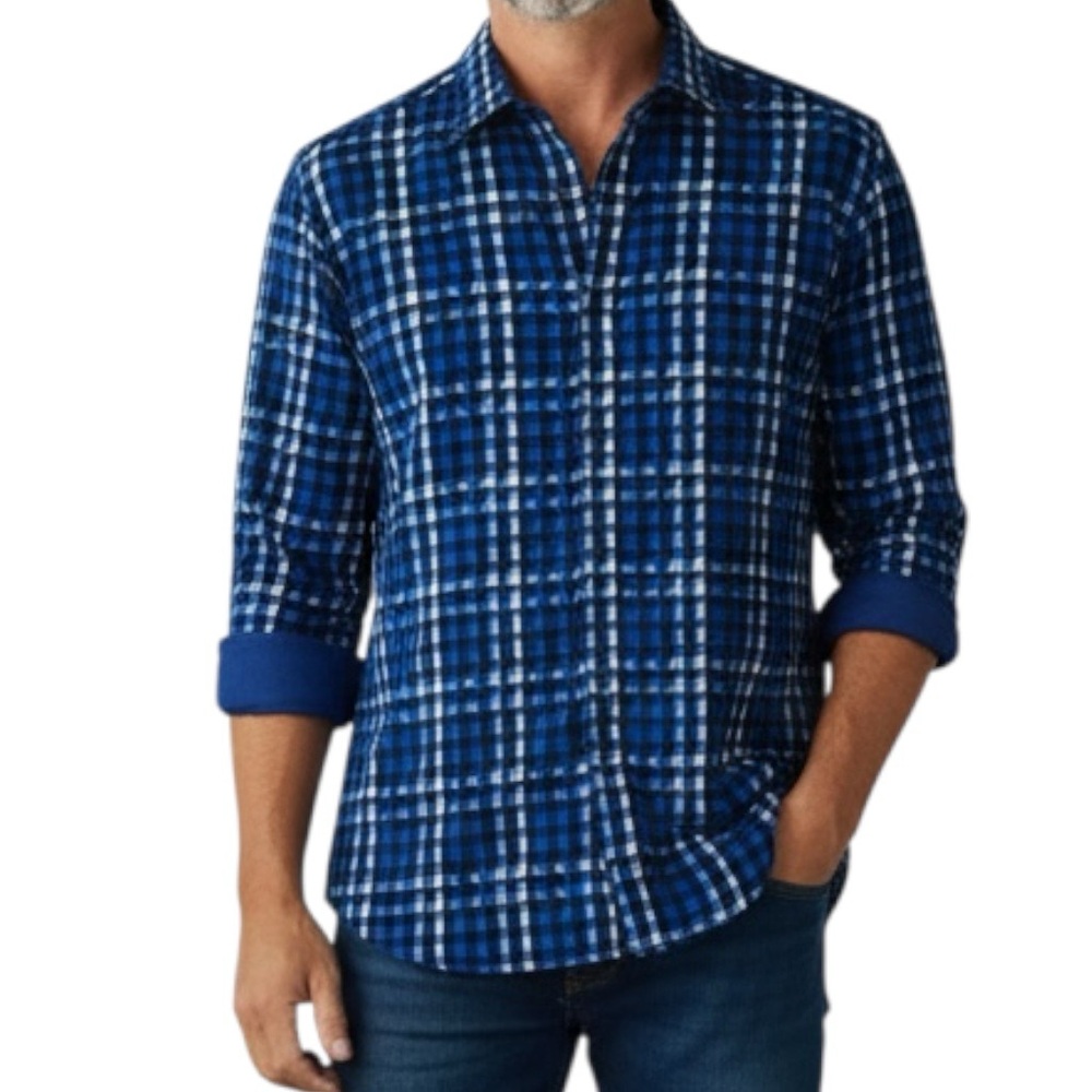 Bugatchi Uomo Blue Plaid Buttons Down Long Sleeve Flip Cuff  Shirt